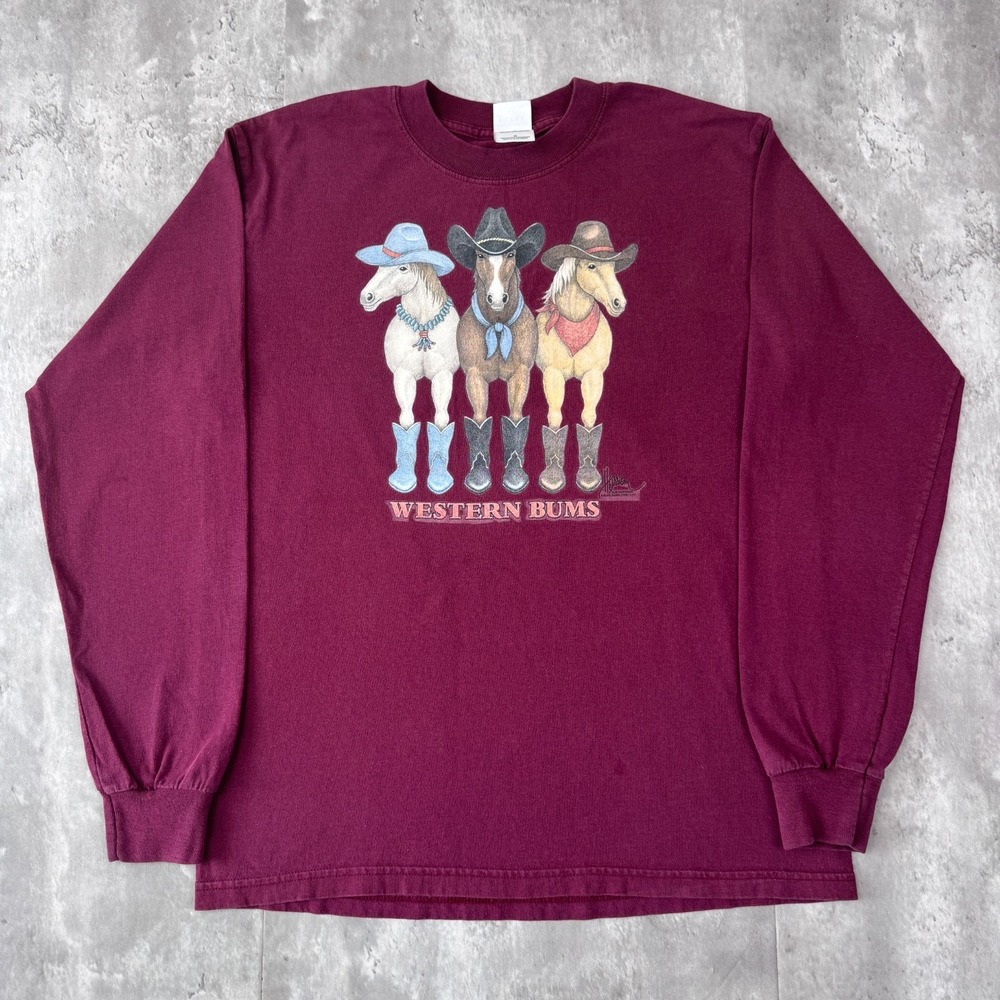 Vintage Western Bums Horse T-Shirt Mens M Burgundy Long Sleeve Cowboy Graphic
